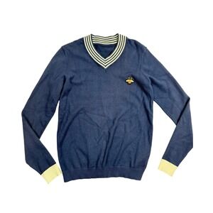 Merino Wool Cashmere Blend Navy Blue V Neck Sweater Bee Embellishment Striped